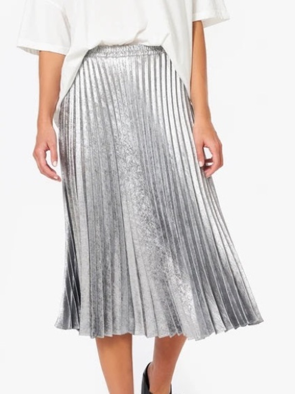 Xirena Pleated Metallic Silver Midi Skirt